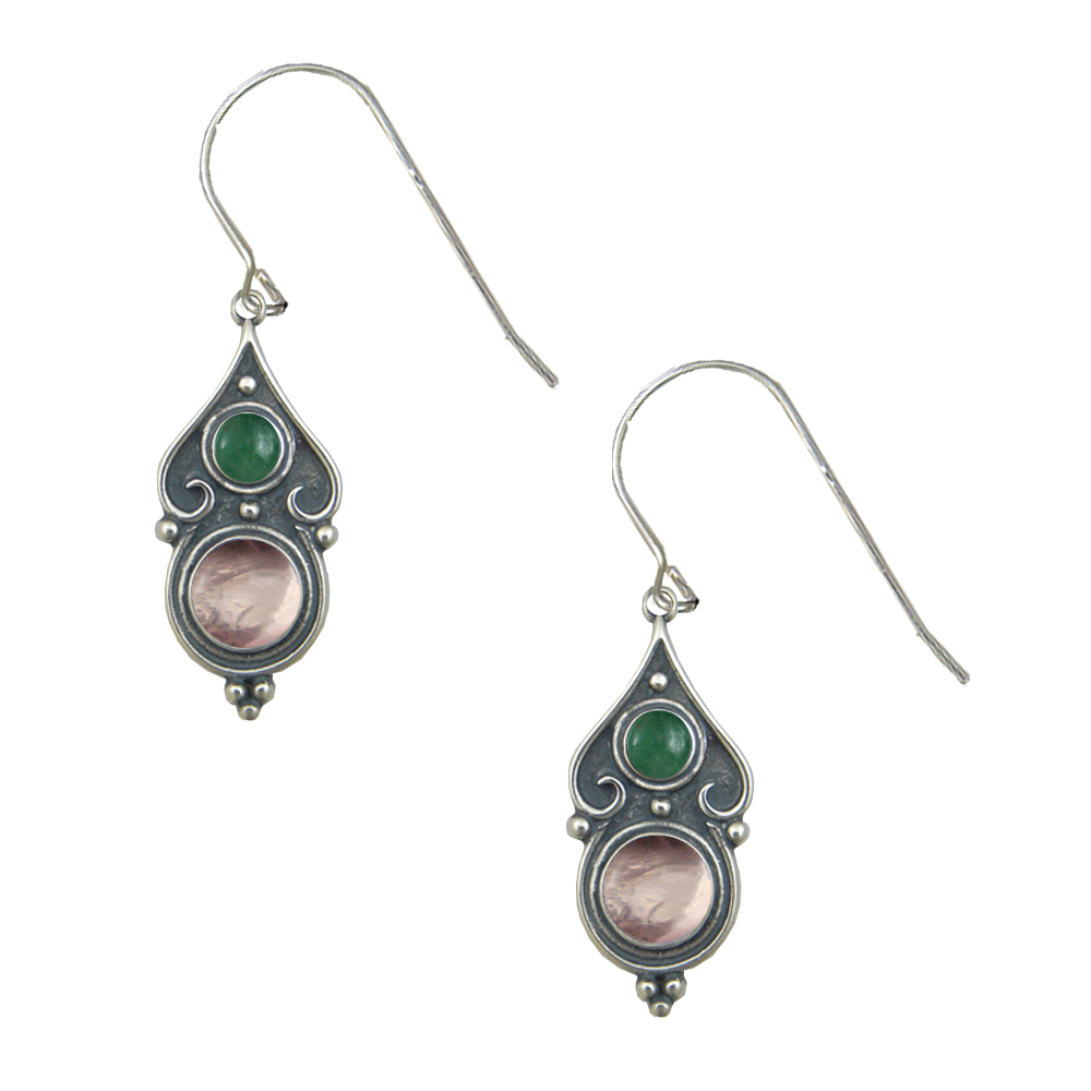 Sterling Silver Designer Post Stud Earrings With Rose Quartz And Jade